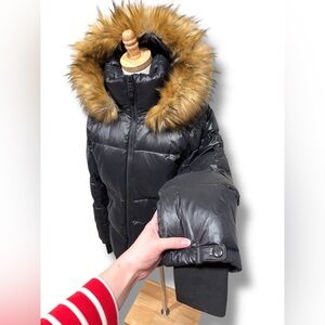 S13 Allie Women's Jet Natural Faux Fur Trim Hooded Down Puffer Coat Size XL